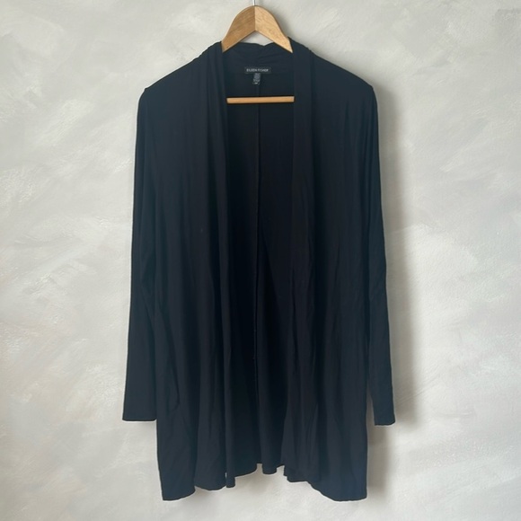 Eileen Fisher black long sleeve longer tunic length open front cardigan small - Picture 1 of 8